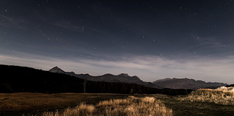 starry sky, night, stars, grass, mountains, HD wallpaper