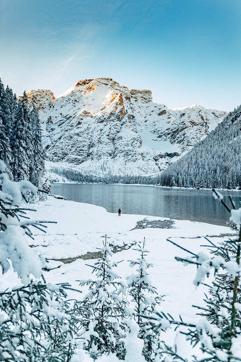 lake, mountains, snow, shore, winter, HD phone wallpaper