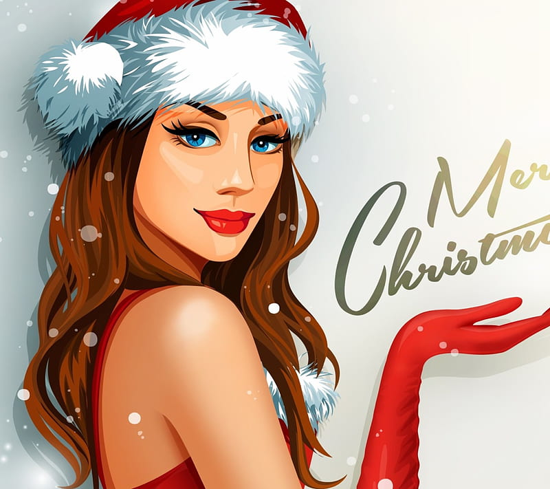 Merry Christmas!, red, craciun, christmas, woman, hat, card, santa