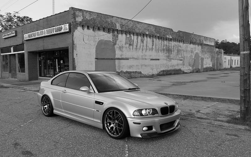 BMW E46 M3 Downtown, bmw, black and white, sports car, thrift shop, downtown, e46, urban, car, m3, import, HD wallpaper