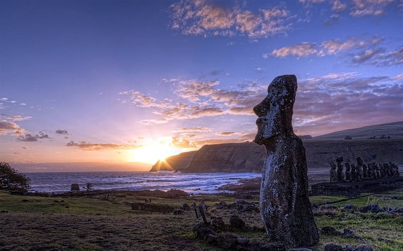Easter Island, sunset, Rapa-noi, polynesian triangle, Chile, HD wallpaper