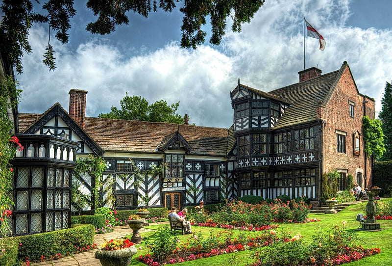 Gawsworth Old Hall, Gawsworth, England, half-timbered, clouds, old, houses, HD wallpaper
