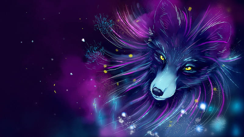 fox, art, space, purple, HD wallpaper