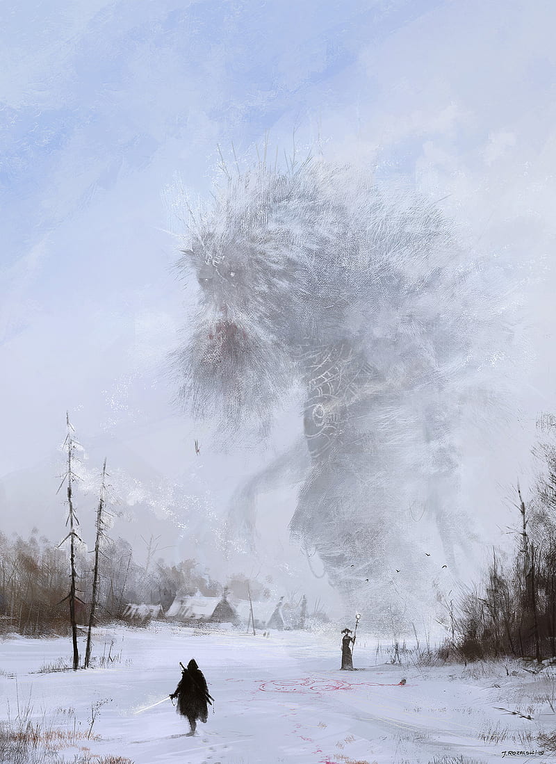 creature, demon, creepy, digital, knight, winter, snow, trees, village, HD phone wallpaper