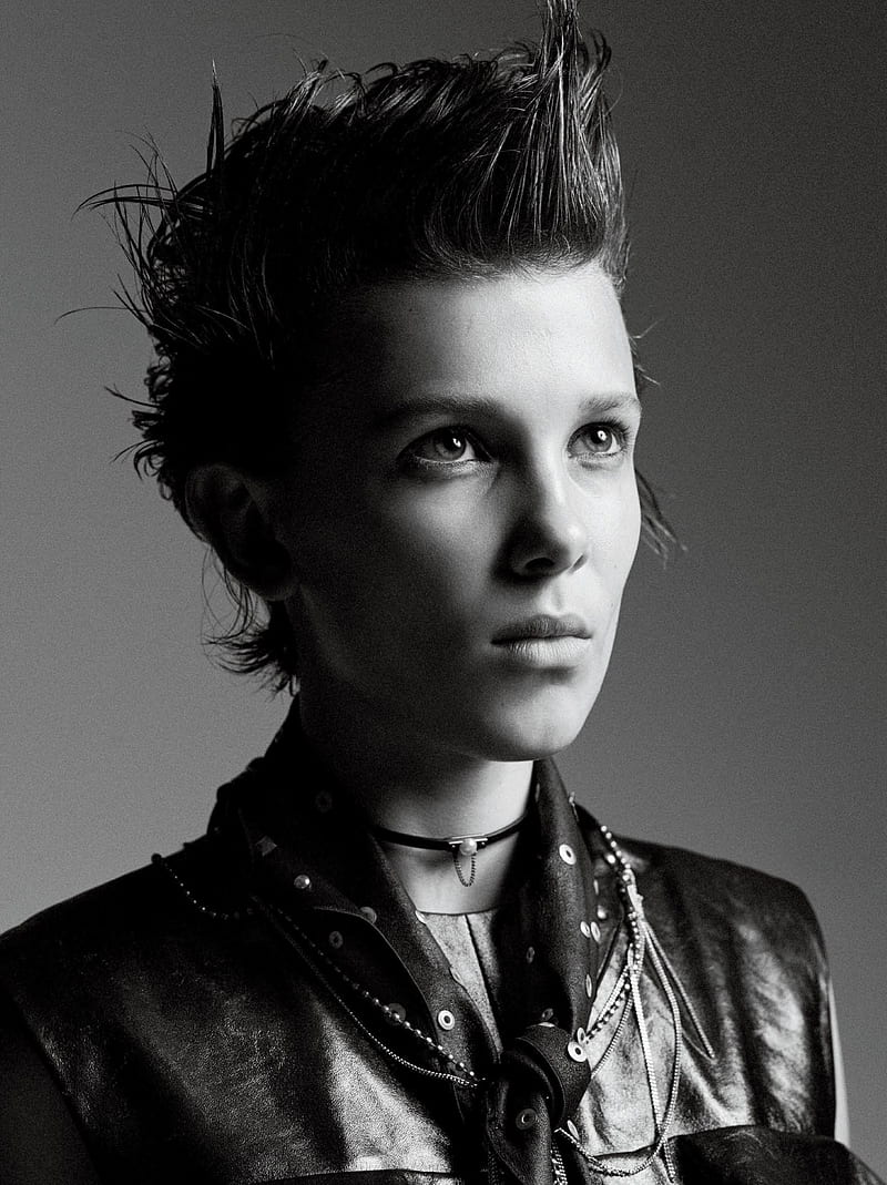 Millie Bobby Brown, actress, Interview magazine, monochrome, collar, simple background, tie, looking into the distance, dark hair, jacket, portrait, HD phone wallpaper