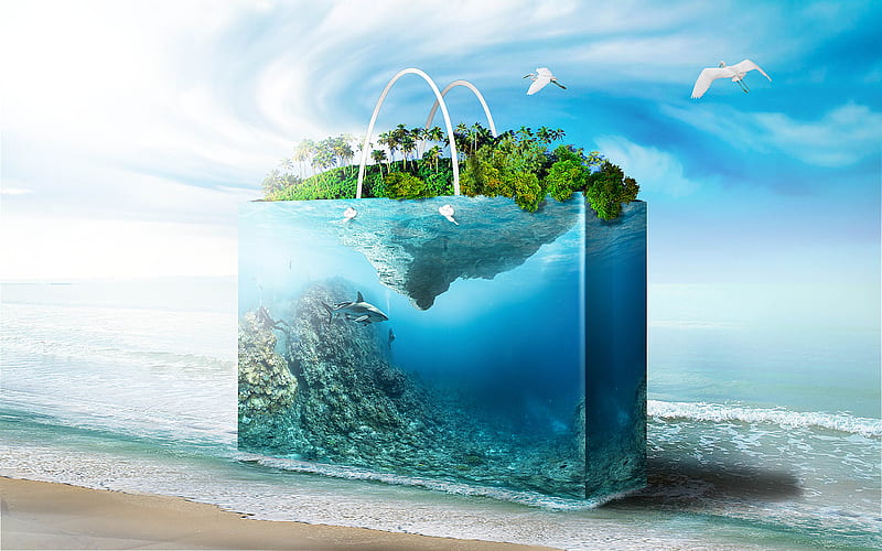 Bag, sea, 3d art, coast, underwater world, shark, tropical island, seagulls, travel, summer, beach, HD wallpaper