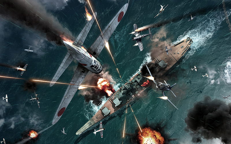 Dogfight over Iowa Class Battleship, zero fighter, airfight, corsair fighters, iowa, ww ii, air battle, battle, battleship, dogfight, HD wallpaper