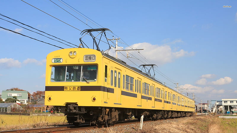 yellow japanese train, yellow, japanese, train, grass, HD wallpaper