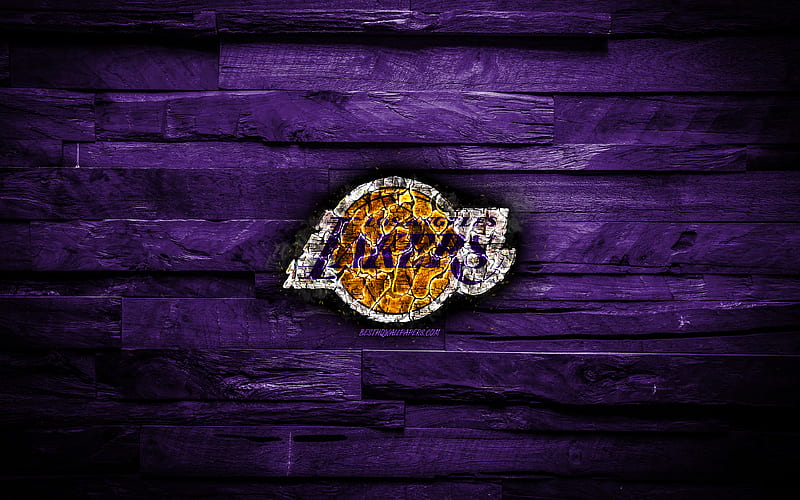 Los Angeles Lakers scorched logo, NBA, violet wooden background, american basketball team, Western Conference, grunge, basketball, Los Angeles Lakers logo, fire texture, USA, HD wallpaper