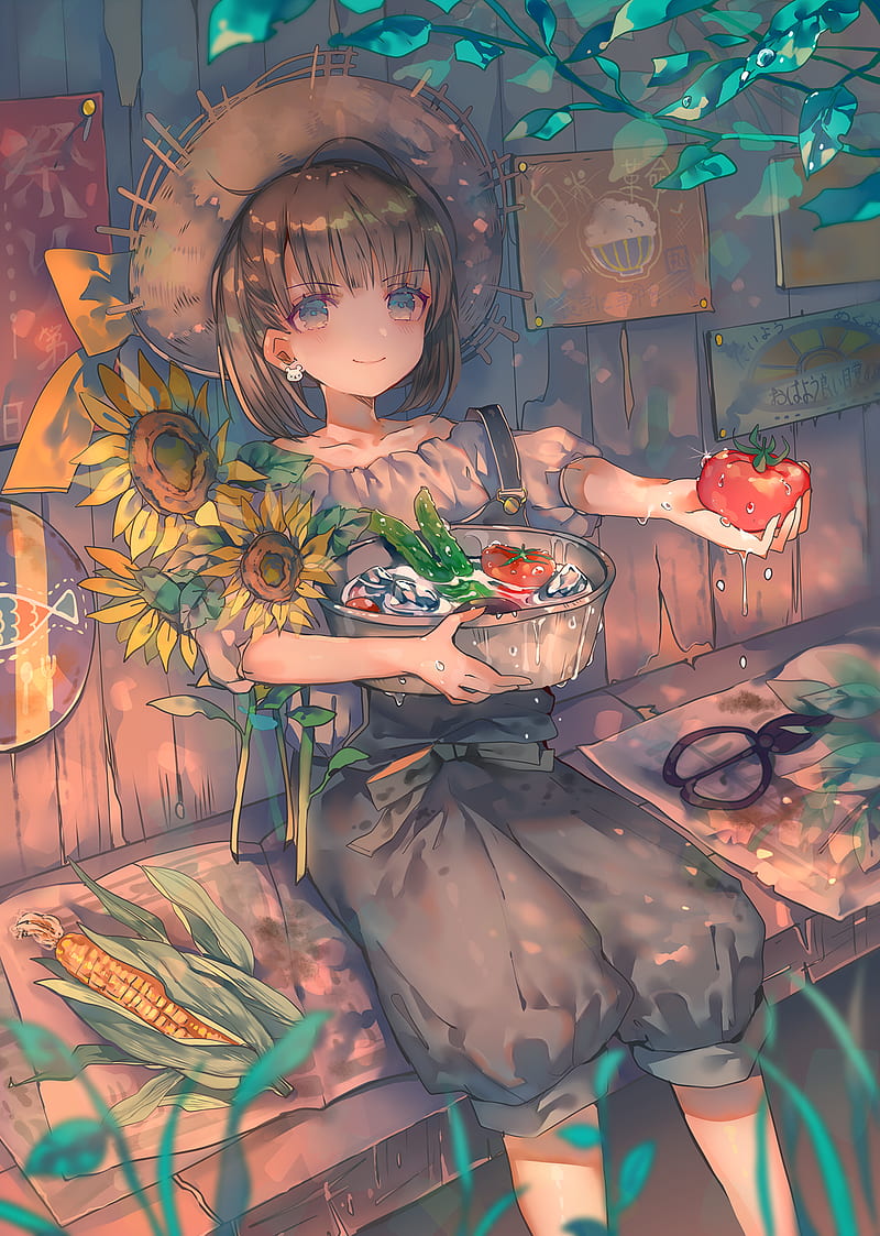 anime, anime girls, flowers, tomatoes, sunflowers, hat, food, blue eyes, HD phone wallpaper