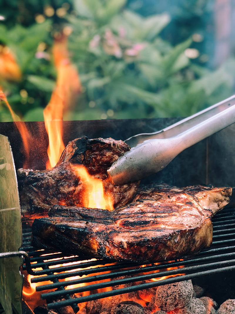 gray metal tong and grilled meat with fire, HD phone wallpaper