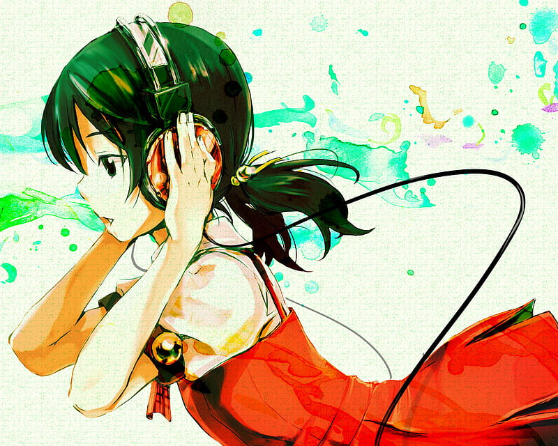 Kaai Yuki, vocaloid, green eyes, headphones, sexy, cute, short hair, girl, anime, green hair, HD wallpaper