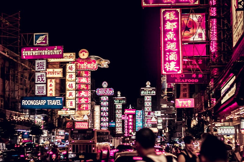 people walking along road filled with LED signages, HD wallpaper