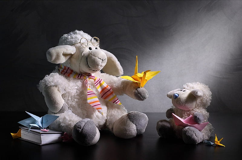 Sheep and origami, sheep, origami, black, yellow, white, HD wallpaper