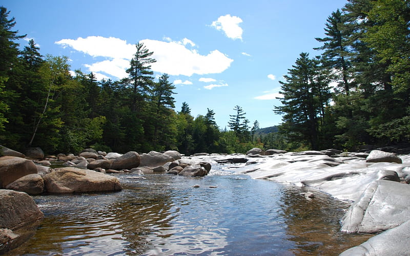 White Mountain National Forest, New Hampshire, forest, water, rock, nature, river, trees, clouds, sky, HD wallpaper