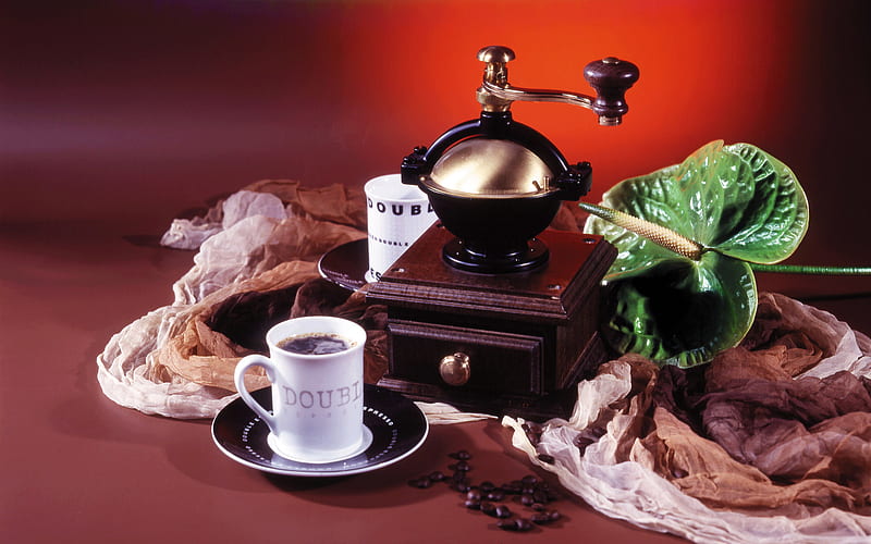 coffee time, table, shawl, coffee cups, green anturium, brown, orange, bonito, coffee, coffee mill, flower, HD wallpaper