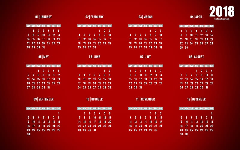 2018 Calendar, red background summer, winter, spring, autumn, calendar, HD wallpaper