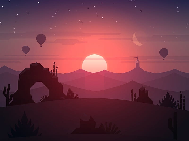 Moon and sun, moon, luminos, silhouette, fantasy, moon, hotair balloon, sunrise, pink, vector, HD wallpaper
