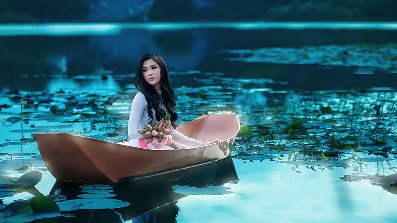 Lotus, Boat, Oriental, Women, Vietnam, Asian, HD wallpaper