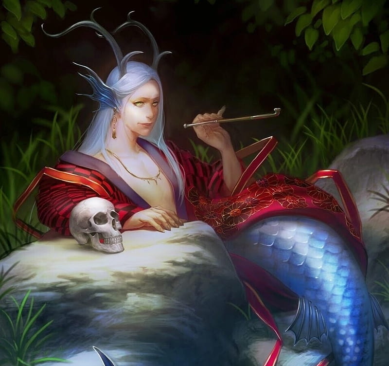 Mermaid, red, fantasy, takahaya, girl, siren, skull, blue, luminos, HD wallpaper