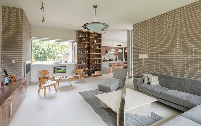 stylish interior design, living room, loft style, brick walls in the living room, modern interior, HD wallpaper