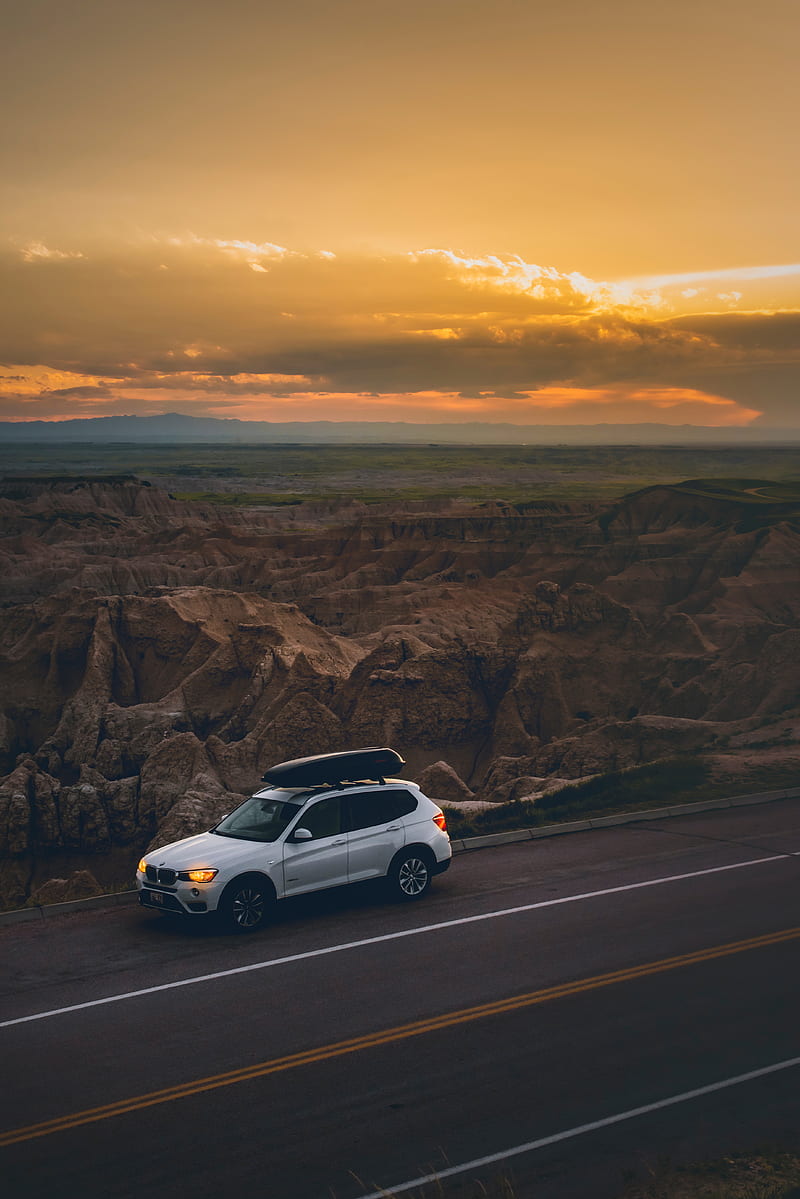 car, road, mountains, sunset, landscape, HD phone wallpaper