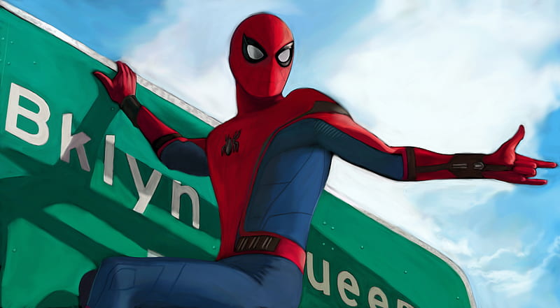 Spider Man Homecoming On Sign Board Artwork, spiderman-homecoming, spiderman, 2017-movies, movies, artist, artwork, HD wallpaper