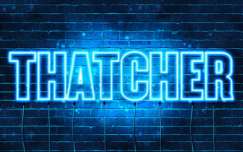 Thatcher with names, horizontal text, Thatcher name, Happy Birtay Thatcher, blue neon lights, with Thatcher name, HD wallpaper