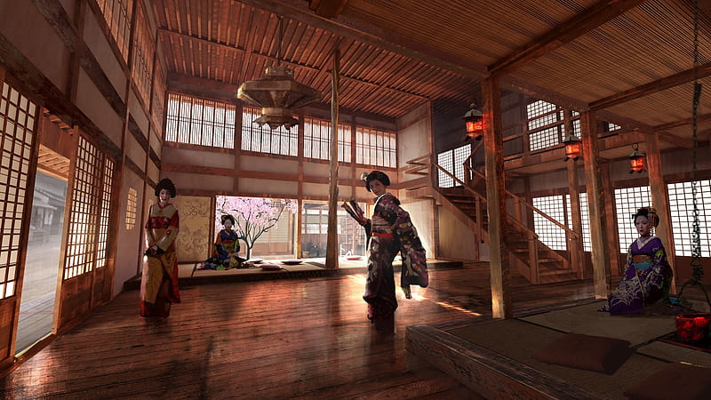 Tea House, david moreau, interior, room, woman, geisha, brown, japanese, fantasy, girl, asian, HD wallpaper