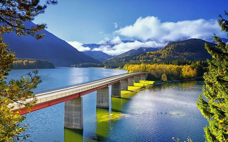 Sylvenstein Lake, bridge, forest, Germany, HD wallpaper
