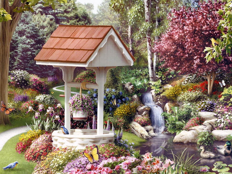 WISHING WELL, colorful, garden, wishing, well, HD wallpaper