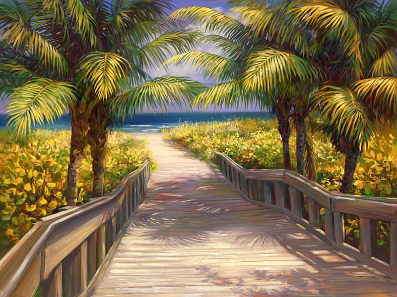 Beach boardwalk, pretty, grass, bonito, sea, beach, nice, pathway, painting, tropics, art, lovely, ocean, waves, palms, water, plants, summer, ecotic, boardwalk, HD wallpaper