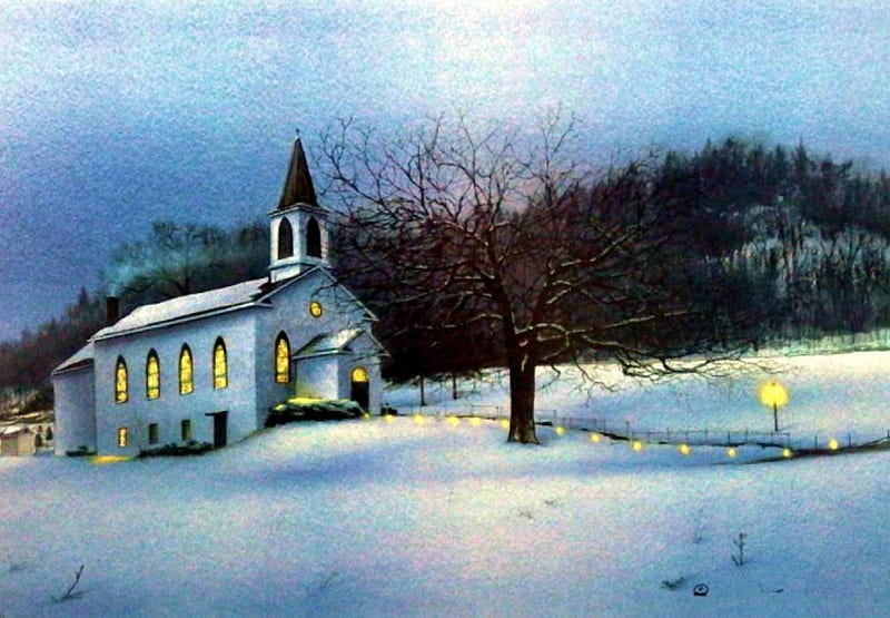 Grant Thee Peace, snow, painting, evening, church, artwork, winter, HD wallpaper