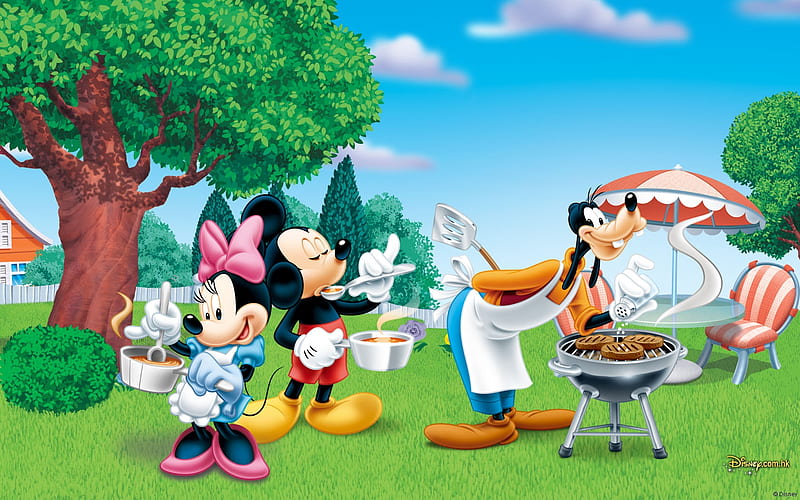 Barbeque, mickey moujse, green, food, animation, gooffy, minnie, disney, HD wallpaper