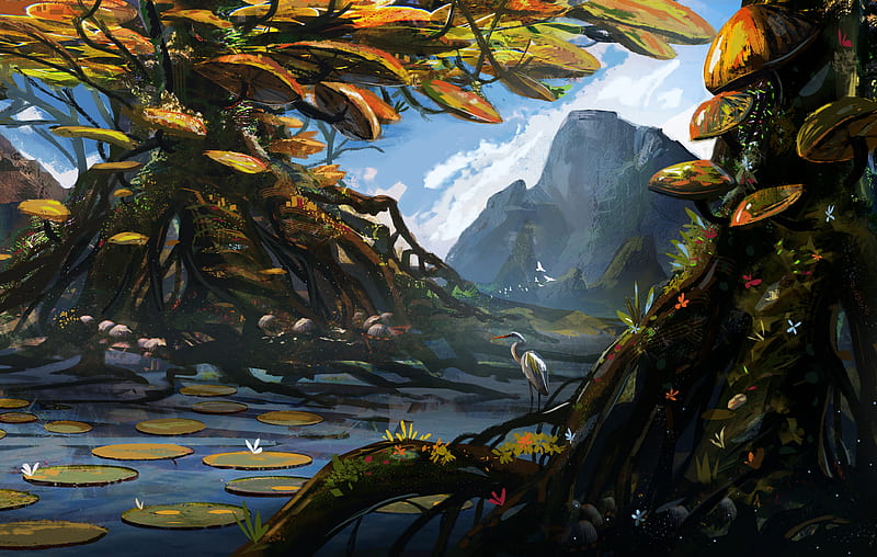heron, bird, tree, roots, river, mountains, art, HD wallpaper