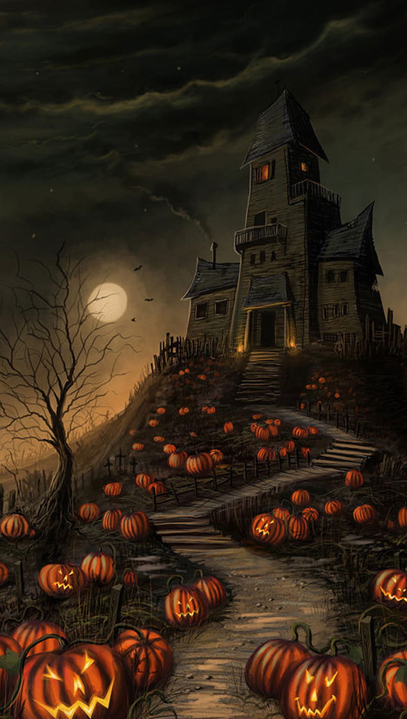 Haunted house, halloween, pumpkins, HD phone wallpaper