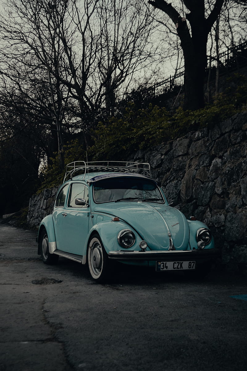 volkswagen beatle, volkswagen, car, retro, old, blue, HD phone wallpaper
