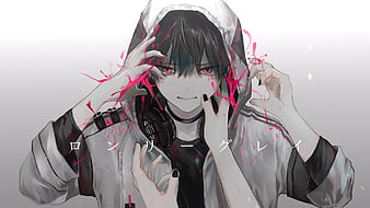 Anime boy, white hair, hoodie, smiling, necklace, gray eyes, Anime