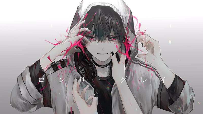  Cool anime boy, sudadera con capucha, auriculares, manos, Anime, Fondo de pantalla HD