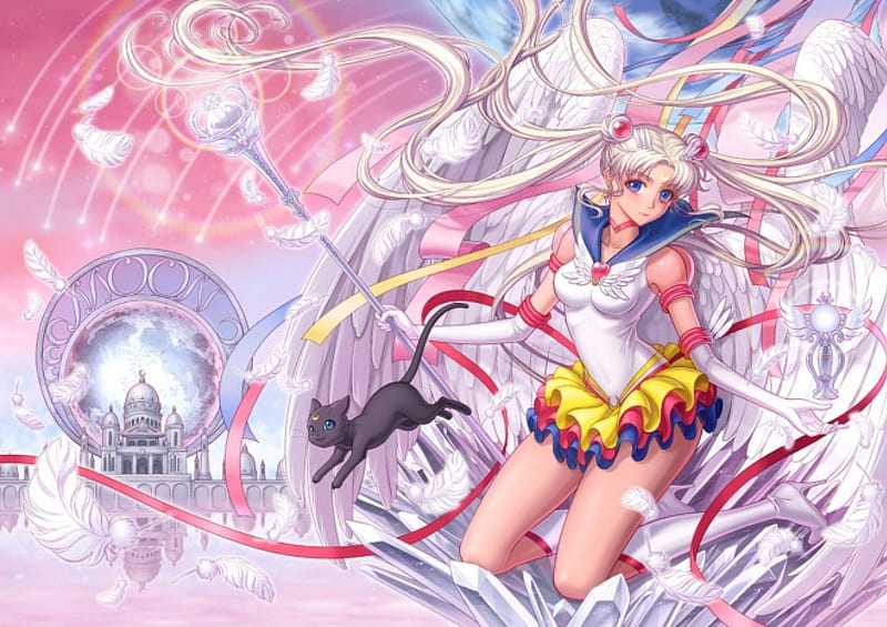 Sailor Moon, staff, pretty, magic, wing, sweet, nice, anime, feather, beauty, anime girl, weapon, long hair, wings, lovely, twintail, kitty, sexy, palace, cat, bonito, twin tail, magical girl, hot, sailormoon, female, moon, wand, angel, rod, twintails, twin tails, girl, silver hair, castle, kitten, HD wallpaper