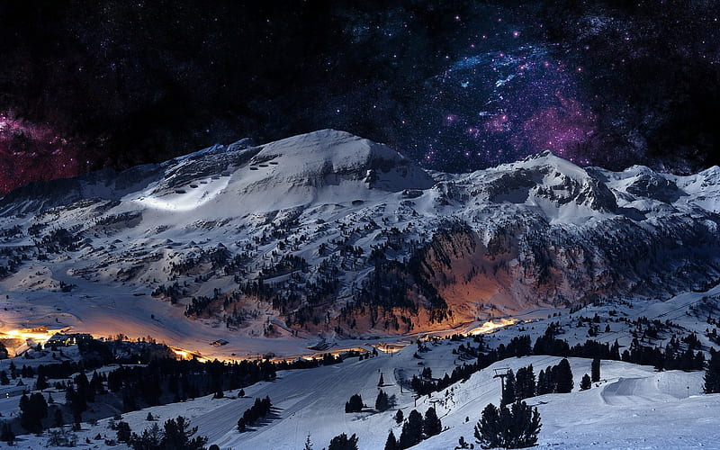 wondrous skies over winter resorts, stars, resorts, mountains, galaxies, lights, winter, HD wallpaper