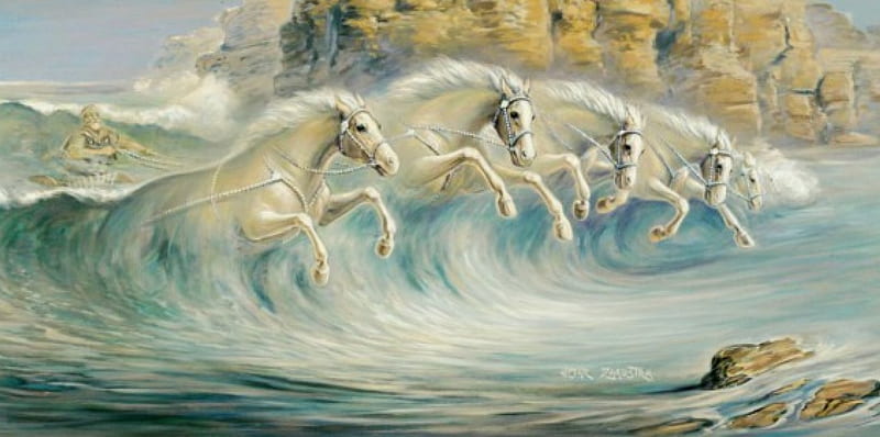 Coming from the Sea, water, painting, driver, waves, white, artwork, horses, HD wallpaper