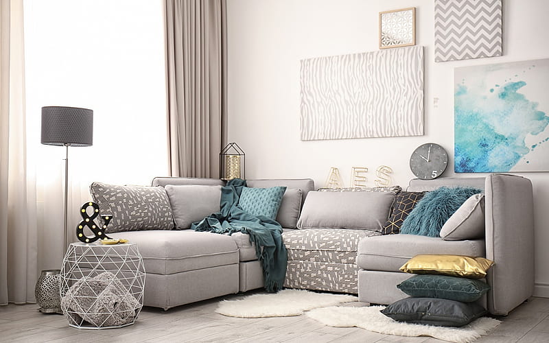 large gray sofa, stylish living room interior, modern interior design, gray living room, HD wallpaper