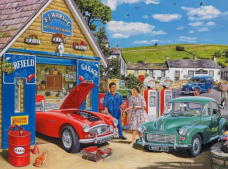 The Village Garage, nostalgia, carros, motor, garage, village, mechanic, scene, HD wallpaper