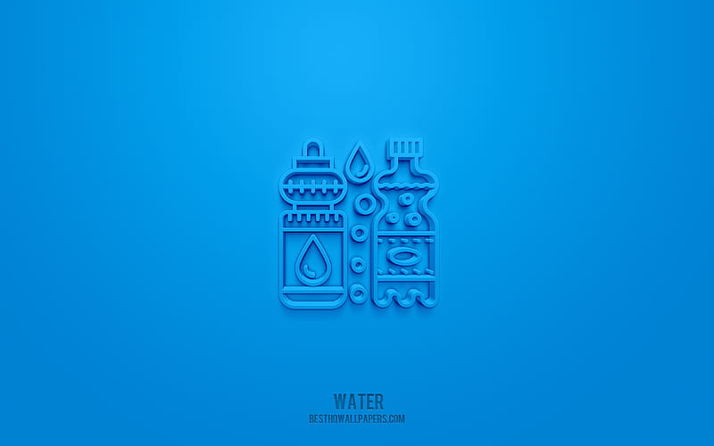 Water 3d icon, blue background, 3d symbols, Water, Drinks icons, 3d icons, Water sign, Drinks 3d icons, HD wallpaper