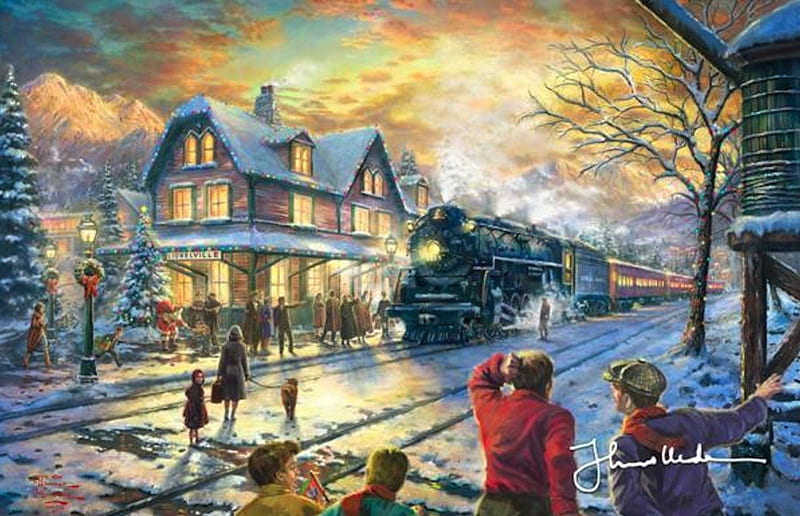 All Aboard for Christmas, christmas, steam train, Thomas Kinkade, express, winter, tree, snow, people, station, HD wallpaper