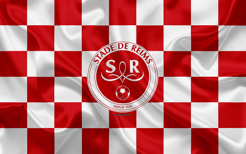 Reims FC, Stade de Reims logo, creative art, red and white checkered flag, French football club, Ligue 1, emblem, silk texture, Reims, France, football, HD wallpaper