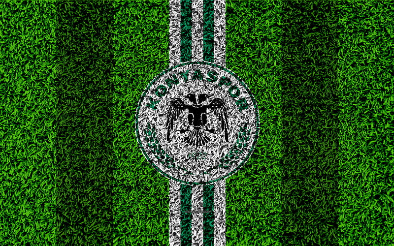 Konyaspor FC football lawn, logo, grass texture, Konyaspor emblem, green white lines, Turkish football club, Super Lig, Konya, Turkey, football, Turkish Super Soccer, HD wallpaper