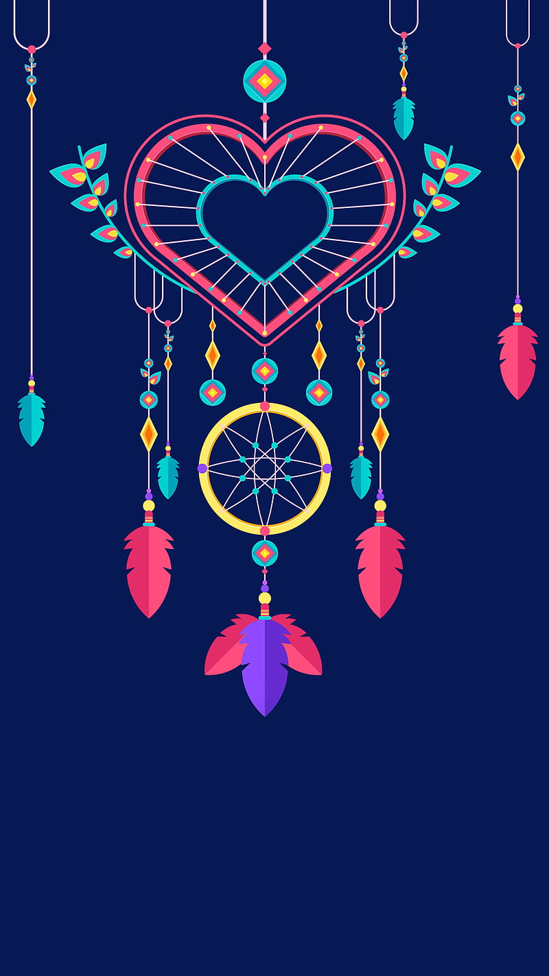 Heart Dreamcatcher, Kiss, beads, blue, boho, dream catcher, feathers, feminine, pink, purple, yellow, HD phone wallpaper
