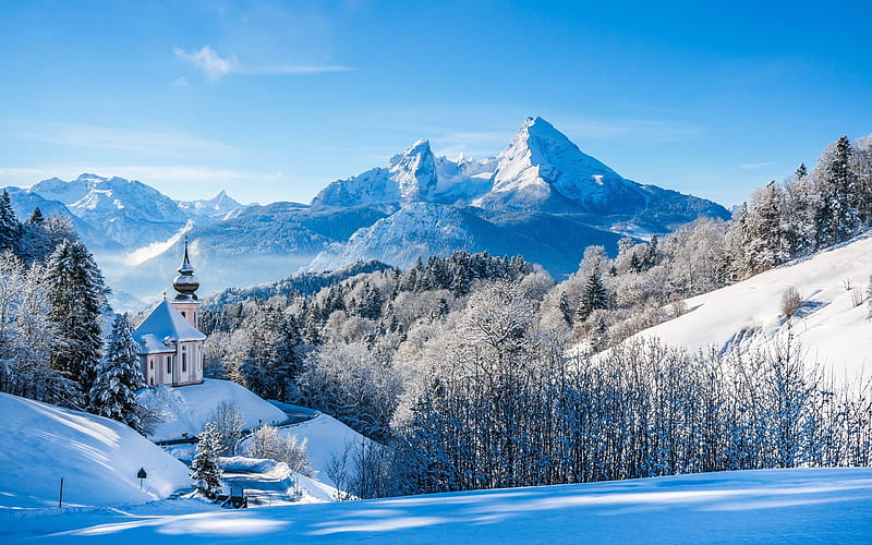 winter, alps, blue sky, mountains, church, HD wallpaper